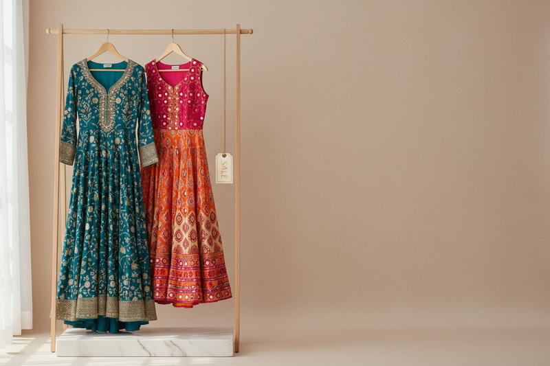 Create a high-quality Shopify banner side image for an online fashion store offer.

🎯 Theme / Concept:
“Buy 2 Items – ₹150 Off” — stylish and minimal promo image for women’s ethnic wear or trendy clothing.

💡 Visual style:

Aesthetic, modern look with soft lighting

Two or three folded or hanging outfits (like kurtis, tops, or dresses) displayed neatly

Include subtle shopping elements like a tag or small “Sale” badge

Clean neutral background (white, beige, or light pastel) — no text in image

Space on t