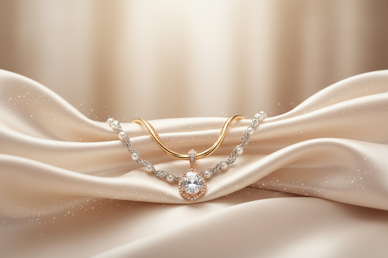 Premium luxury jewelry offer banner background for Shopify. Display a gold and silver necklace resting on soft satin fabric with elegant lighting and gentle glow. Add subtle sparkles and warm beige tones. Leave space for text “🎁 Pay Online & Get a FREE Gift worth ₹150!”. The image should look elegant, minimal, and high-end, suitable for a women’s jewelry brand.